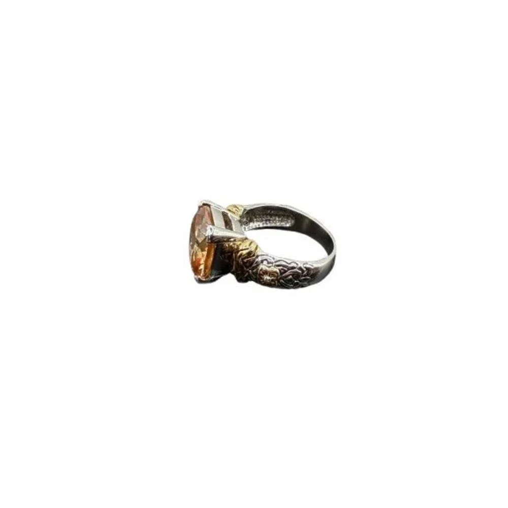 Barbara Bixby Sterling Silver 18k Gold Oval Citrine Floral Flower Ring Size 7